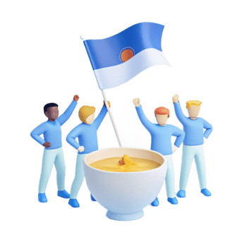 Group of Cartoon People Celebrating with a Flag and a Bowl of Soup png