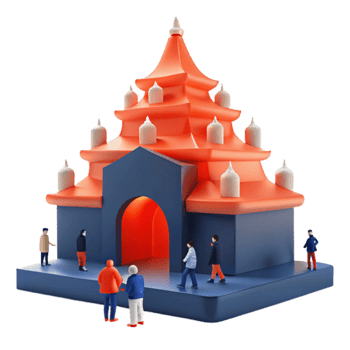 3D Render of a Pagoda with People in Front png