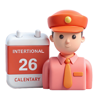 3D Cartoon Illustration of a Man in a Pink Shirt and Tie Holding a Calendar With the Number 26 png