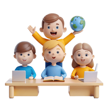 Happy Children Learning Together with Books, Laptops, and Globe png