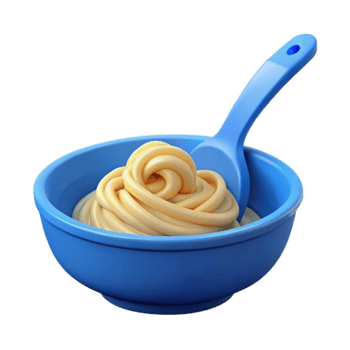 Creamy Yellow Food in Blue Bowl with Spoon png