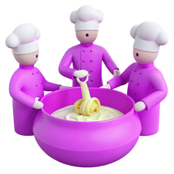 Three Chefs Mixing Dough in a Large Purple Bowl png