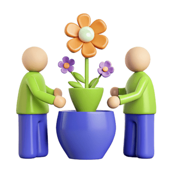 Two 3D Characters Admiring a Potted Flower png