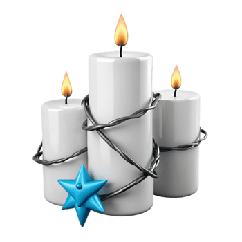 Three White Candles Wrapped in Wire with a Blue Star png