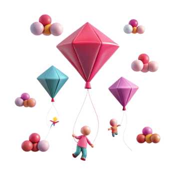 3D Rendered Illustration of Colorful Balloons with Little Figures Hanging from Them png