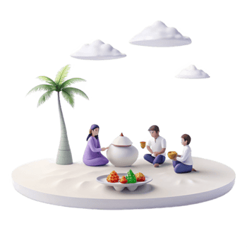 3D Illustration of a Family Enjoying a Meal Together Under a Palm Tree and Clouds png
