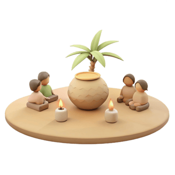 3D Render of Couple Sitting Around Pot and Palm Tree png