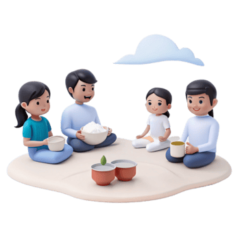 Family Gathering 3D Cartoon Characters Enjoying a Meal Together png
