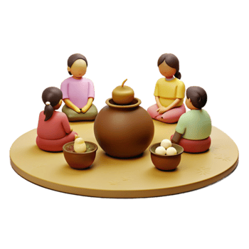 3D Illustration of People Sitting Around a Pot with a Gourd on Top png