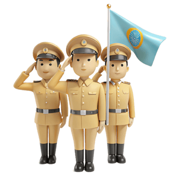 Three Soldiers Saluting a Flag with a Wheel Symbol png
