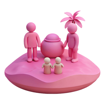 Family of Four on a Pink Island with a Palm Tree png