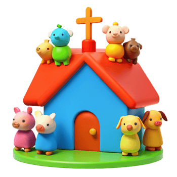 Cute Cartoon Animals Gather Around House with Cross on Roof png