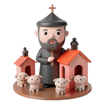 3D Cartoon Priest with Four Lambs in Small Houses png