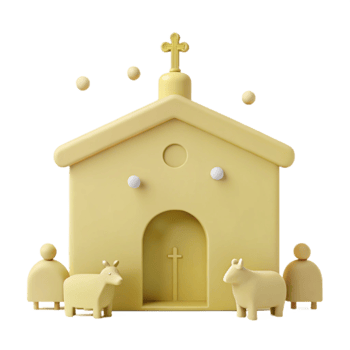 3D Render of a Yellow Church with a Cross on Top and Two Cows in Front png