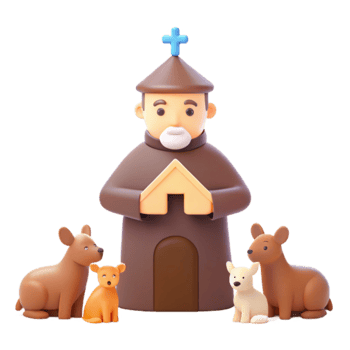 Monk Holding Dog House with Dogs Around Him png