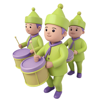 Three Cartoon Characters Playing Drums in Green and Purple Uniforms png