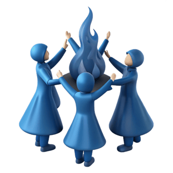 Four Figures in Blue Robes Surrounding a Blue Flame png