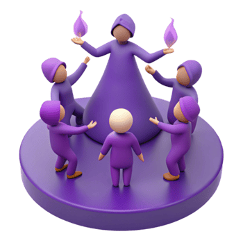 Purple Figures Surrounding a Central Figure with Flames in a Circular Formation png