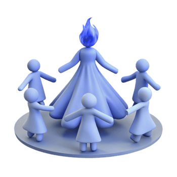 Blue Figure with Flame on Head Surrounded by Figures png