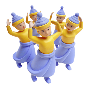 3D Cartoon Characters Dancing with Blue Skirts and Yellow Tops png