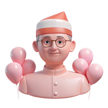 Smiling Cartoon Man Wearing Glasses and a Hat with Balloons png