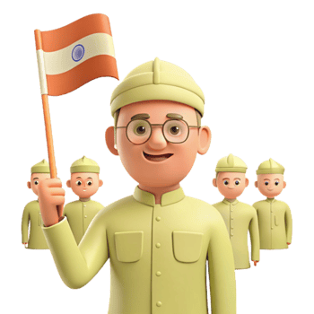 Smiling Cartoon Character Holding Flag with Three Other Cartoon Characters in the Background png