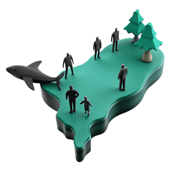 3D Illustration of a Green Landmass with Miniature Figures and a Shark png