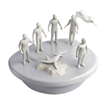 Group of Figures Surrounding a Dead Fish on a Rock png