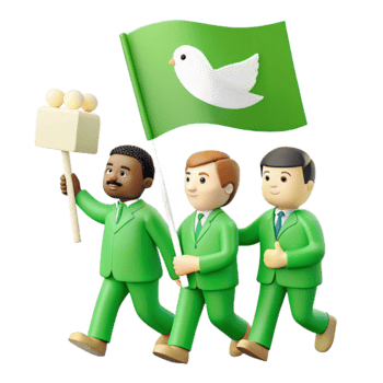 Three Cartoon Characters Walking in Green Suits, Holding a Peace Dove Flag and a White Sign png