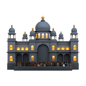 Mosque with Golden Domes and People Gathering png