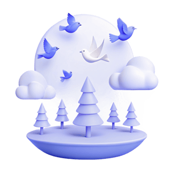 Peaceful 3D Scene with Blue Birds and White Dove Flying Over Purple Trees and Clouds png