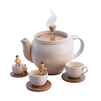 Tiny Figures Enjoying a Tea Party with a Steaming Teapot png