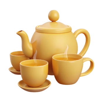 Yellow Teapot and Cups with Steam png