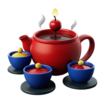 Red Teapot with Three Cups and a Candle on Top png
