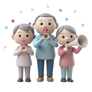 Three Cartoon Characters Celebrate with Party Favors png