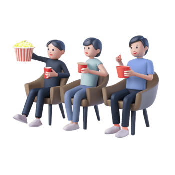 3D Cartoon Characters Enjoying Snacks at the Cinema png