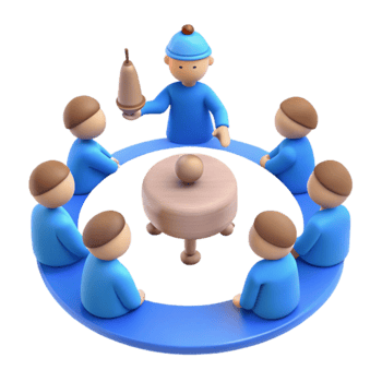 Group of 3D Characters Sitting Around a Table and Listening to a Presentation png