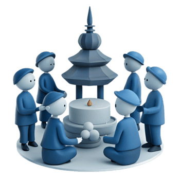 Group of Blue Figures Gathered Around a Pagoda png