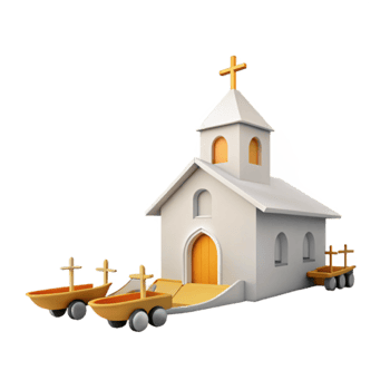 White Church Building on Wheels with Crosses png