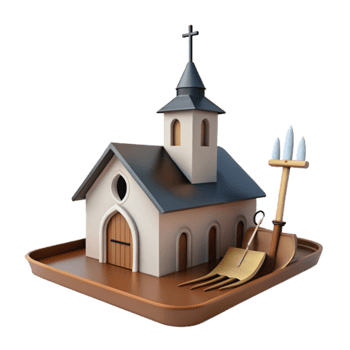 3D Church with a Wooden Pitchfork on a Platform png