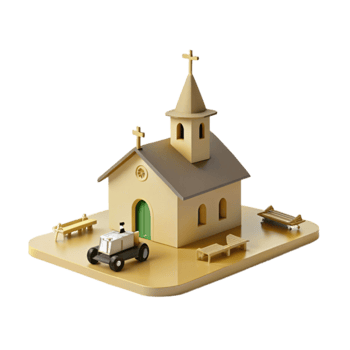 3D Rendered Church Model with Small Car and Benches png