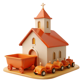3D Rendered Orange Church with Toy Cars and Wagon png