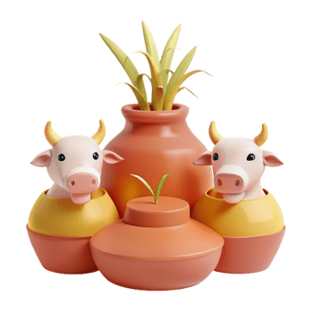 3D Illustration of Two Cows Inside Pots with a Plant png