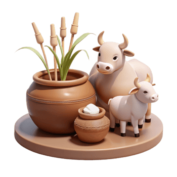3D Render of a Potted Plant, a Clay Pot, and Two Cows png