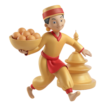 3D Illustration of a Man in Traditional Clothing Carrying a Bowl of Eggs and Running Past a Golden Stupa png
