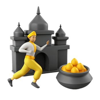 3D Illustration of a Person Running Towards a Pot of Gold in Front of a Temple png