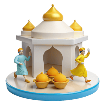 3D Render of People Entering a White Building with Golden Domes png