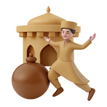 3D Illustration of a Person in Traditional Clothing Jumping Near a Building png