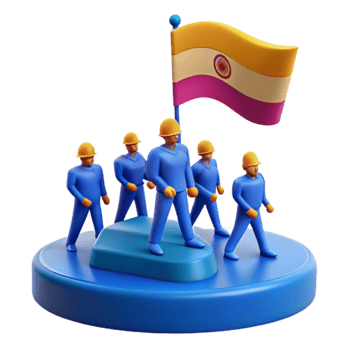 Teamwork and Success A Group of Workers Marching Forward with a Flag png