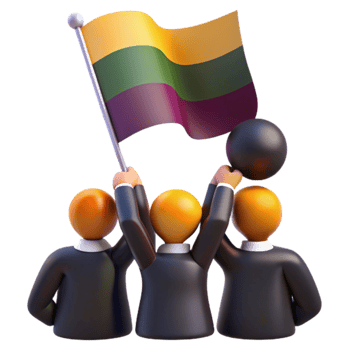 Group of People Holding a Flag with Yellow, Green, and Purple Stripes png